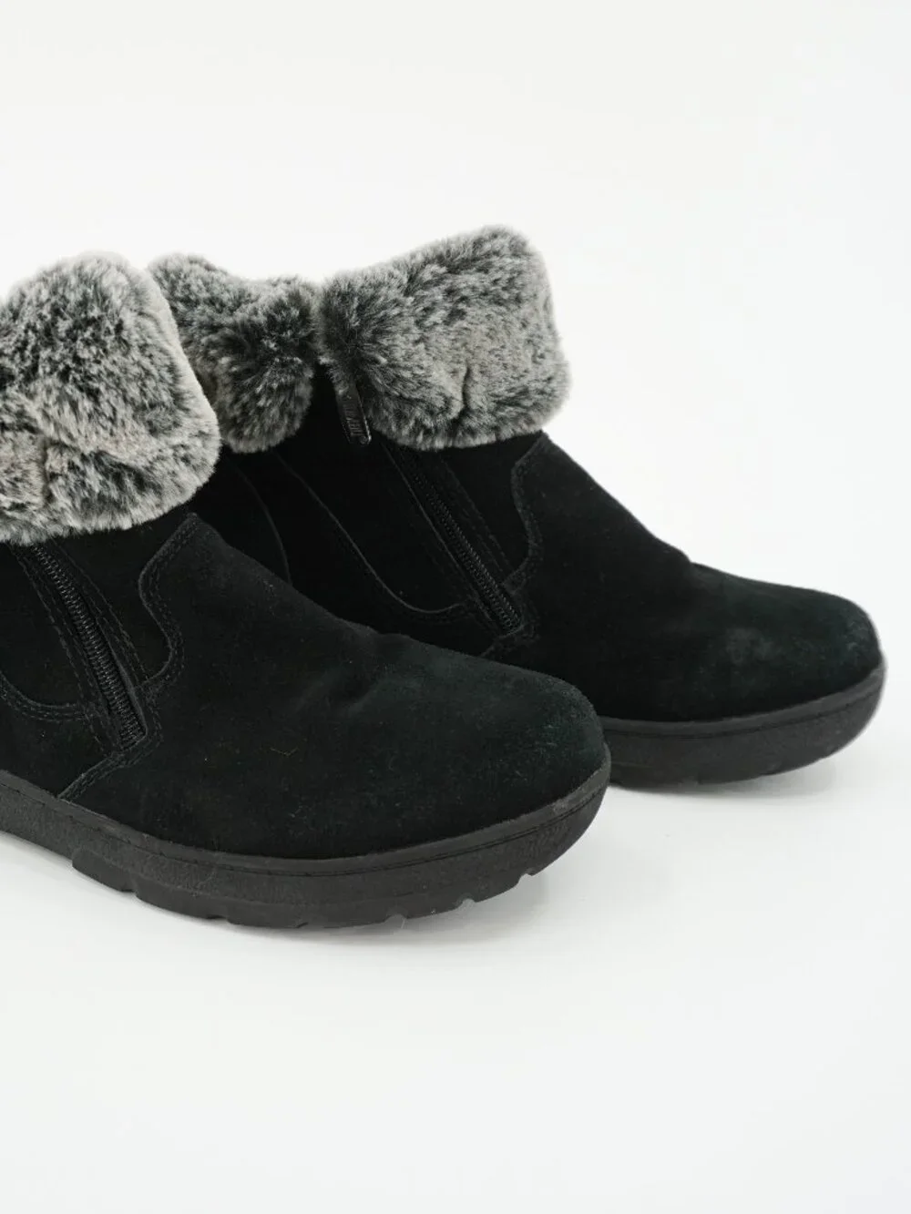 Khombu Black Suede Upper Booties Ladies 9M, Side Zip, Faux Fur